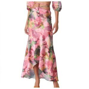 Misa Vari Skirt Watermelon Tourmaline High Low Hem Watercolor Print Medium